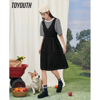Toyouth Женское Поддельное платье из двух частей, лето 2023, короткий рукав, О-образный вырез, завязки на талии, милая шикарная джинсовая юбка в полоску в стиле пэчворк