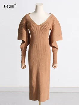 VGH, элегантные вязаные платья с вырезами для женщин, V-образный вырез, длинный рукав, высокая талия, однотонное минималистичное платье для похудения, женская мода