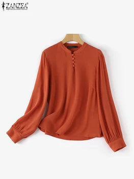 ZANZEA/ Женские Повседневные свободные блузки 2024, модные однотонные топы, весенние женские блузки с длинным рукавом, Элегантные рубашки с круглым вырезом 3