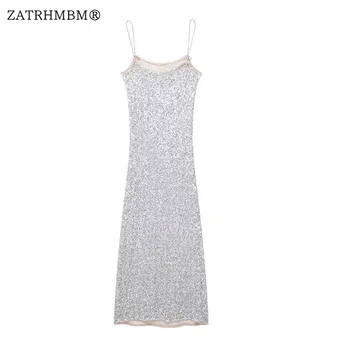 ZATRHMBM Женщины 2023, Новое модное платье Миди с блестками, винтажное платье без рукавов, Сексуальные женские платья с открытой спиной, Vestidos Mujer