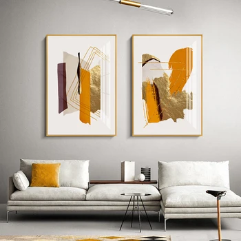 Абстрактные золотисто-желтые картины для дома, настенное искусство, живопись на холсте, украшение гостиной, плакаты и принты с оранжевыми линиями