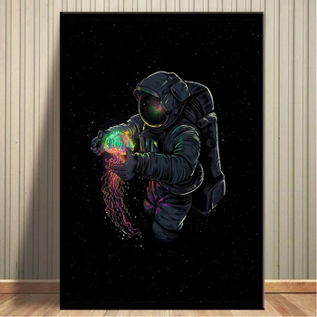 Абстрактный плакат и принт Астронавт Неоновый свет Медуза Млечный Путь Картины на холсте Настенные рисунки для детской комнаты Домашний декор