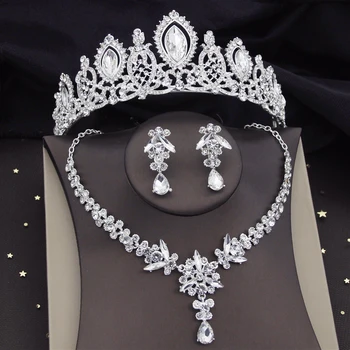 Великолепные наборы свадебных ожерелий с кристаллами для женщин, наборы свадебных украшений серебряного цвета, Диадемы, серьги-короны, модные аксессуары