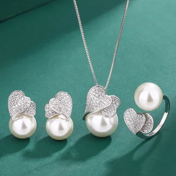 Великолепный пресноводный жемчуг в форме сердца, комплект ювелирных изделий из 3 предметов, женский блестящий коктейль на день рождения, серебряное ожерелье, серьги, кольцо 925 пробы 0