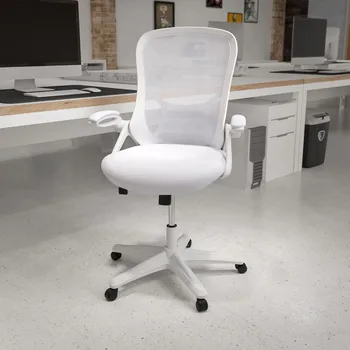 Вращающийся офисный стул с высокой спинкой, регулируемой поддержкой талии и высотой, сетчатый офисный стул с откидывающимися подлокотниками, белый цвет