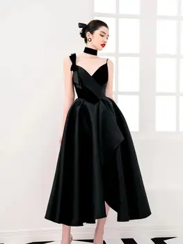 Высококачественное легкое роскошное женское черное платье в стиле ретро Хепберн, нишевый дизайн, бант, бархатное сращивание, элегантное длинное платье с бретельками 0