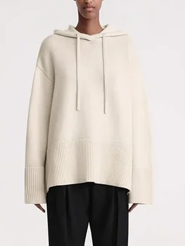 Вязаный свитер с капюшоном для дам 2023 года, Новые зимние шерстяные смеси, разрез по низу, Простой Свободный повседневный пуловер с длинным рукавом 1