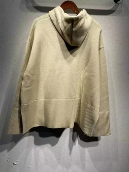 Вязаный свитер с капюшоном для дам 2023 года, Новые зимние шерстяные смеси, разрез по низу, Простой Свободный повседневный пуловер с длинным рукавом 3