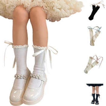 Гольфы до колена со шнуровкой и бантом, хлопковые носки до середины икры, весенние вязаные носки для маленьких девочек с рюшами 0
