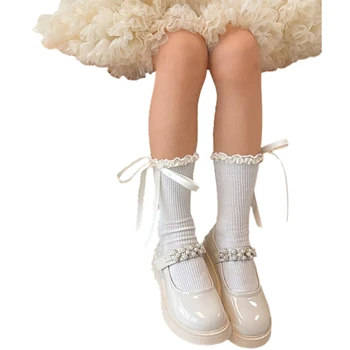 Гольфы до колена со шнуровкой и бантом, хлопковые носки до середины икры, весенние вязаные носки для маленьких девочек с рюшами 1