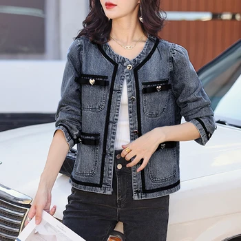 Демисезонная джинсовая куртка Женская Корейская с круглым вырезом и длинным рукавом, милая джинсовая куртка, Базовые пальто, Верхняя одежда, chaqueta mujer