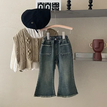 Детская одежда Джинсы для девочек Осень 2023, Новые Модные Повседневные Простые детские расклешенные джинсовые брюки полной длины с эластичным поясом