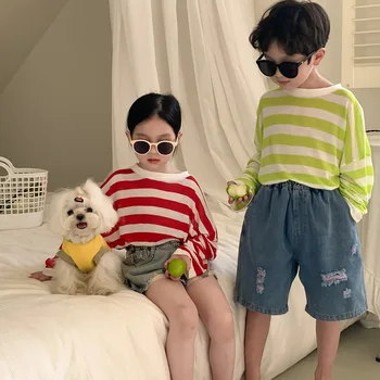 Детская солнцезащитная одежда 2023 Летняя Корейская Полосатая Солнцезащитная одежда из Ледяного Шелка, пальто для мальчиков, Пуловер для девочек