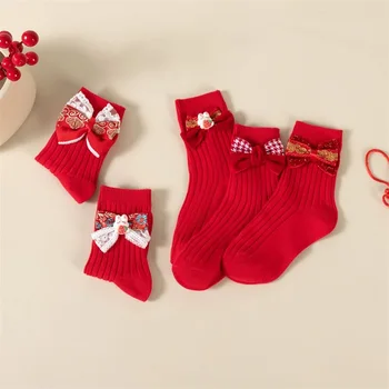 Детские новогодние носки для девочек с бантом в виде кролика, красные, для малышей, милые противоскользящие носки для малышей, осенне-зимние повседневные носки