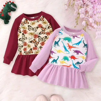 Детские платья принцесс на осень-весну с длинным рукавом, принтом бабочки и динозавра, детский костюм для дня рождения, детские платья для малышей 0