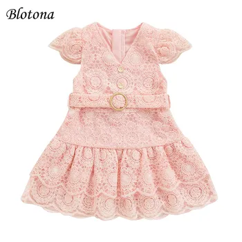 Детское платье Blotona Для девочек, Кружевное Открытое Платье с V-образным вырезом и длинными рукавами, Летнее Модное Милое Платье Принцессы с поясом, 6 месяцев-4 года