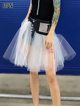Джинсовые юбки BPN в стиле пэчворк из прозрачной сетки для женщин, мини-юбка трапециевидной формы с высокой талией, модная женская осенняя одежда, Новинка 2023 года