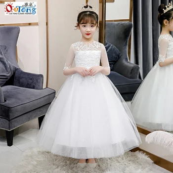 Длинные полурукавики, тюлевые детские праздничные платья для свадеб от 2 до 8 лет, вечернее бальное платье принцессы с вышивкой и цветами