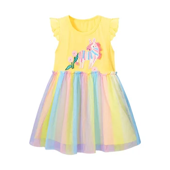 Европейское и американское модное платье, летняя трикотажная хлопковая мультяшная вышивка, сетчатое платье принцессы, милое кружевное детское платье