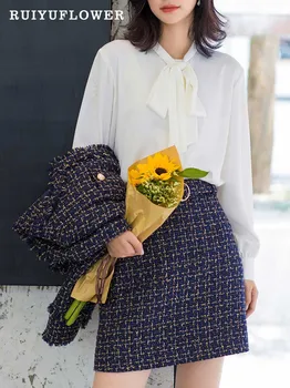 Женская блузка с воротником-шарфом из французского атласа в стиле Ретро с длинным рукавом-фонариком и бантом, Повседневный женский топ, Свободная Корейская нижняя рубашка, Женская одежда