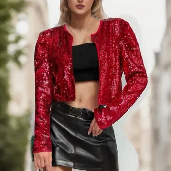 Женская осенне-зимняя Новая модная рок-короткая куртка с блестками, пальто, Однотонные топы в стиле хип-хоп, уличная одежда, модный кардиган с длинным рукавом