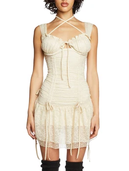 Женское летнее облегающее мини-платье без рукавов бежевого цвета с завязками на шее, кружевное платье с цветочным рисунком, повседневное платье Y2K для вечеринки