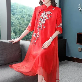 Женское платье 2024, Летняя одежда Свободного кроя с вышивкой из органзы, чайное платье средней длины, юбка-чонсам в национальном стиле