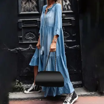 Женское Свободное платье с кисточками с рукавом 3/4, винтажное кружевное платье Макси из джинсовой ткани с V-образным вырезом и большим подолом 0