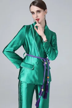 Зеленый жакет, брюки, Женские костюмы, комплект, роскошный бренд, Блейзер, Брюки, женские, 2 предмета, блестящий атласный воротник-шаль с поясом, Двубортный