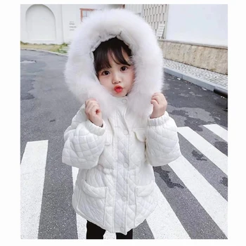 Зимняя детская куртка на белом утином пуху средней длины, утолщенный меховой воротник для девочек, теплые пальто с капюшоном, модные топы для детей