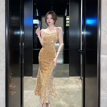 Золотое сексуальное платье-слинг с блестками, блестящее вечернее платье, легкое роскошное платье для меньшинств, фото для вечеринки высокого класса
