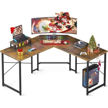 Игровой стол ODK L-образной формы с розетками, 51-дюймовый компьютерный стол с подставкой для монитора, Игровой стол для ПК, Угловой рабочий стол