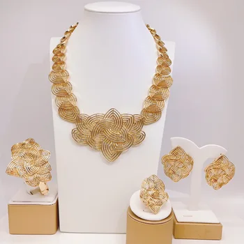 Итальянский ювелирный набор Для женщин, Дизайнерское ожерелье из позолоченных перьев, свадебные украшения, Роскошные серьги с подвесками из искусственного золота
