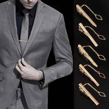 Классический металлический зажим для галстука с цепочкой Ярко-золотого цвета, пряжка для галстука, нержавеющая прочная застежка для галстука, зажим для свадьбы