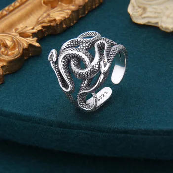Кольцо из стерлингового серебра S925 с двойной змеиной оболочкой, мужское кольцо, Винтажное, Старое, широкое, выдолбленное, модное открытое серебряное кольцо