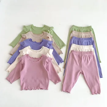 Комплект детской корейской одежды Для новорожденных девочек, Хлопковые домашние костюмы с пышными рукавами, детские Новые эластичные пижамы, одежда для сна