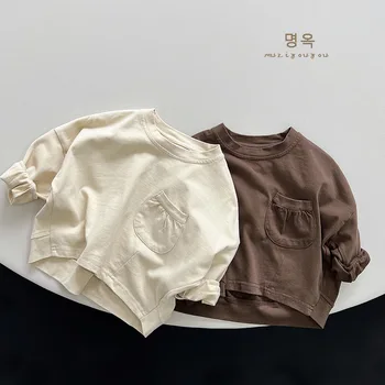 Корейская весенне-осенняя майка для маленьких мальчиков, хлопковая свитшот с длинными рукавами для маленьких мальчиков, однотонные Универсальные пуловеры для маленьких мальчиков