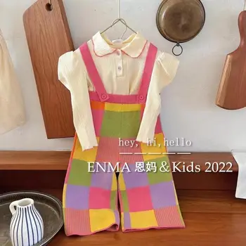 Корейская Детская одежда 2023 Весна, рубашка поло с пузырчатыми рукавами для девочек, модные Трикотажные штаны на бретелях, теплый комплект
