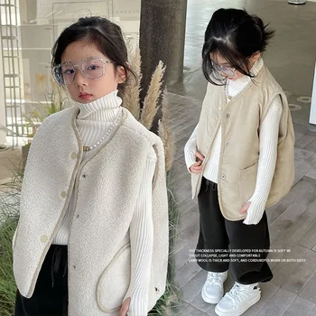 Корейская детская одежда Детская одежда Жилет с подкладкой из бархата с обеих сторон Осенне-зимний жилет из овечьей шерсти для девочек 