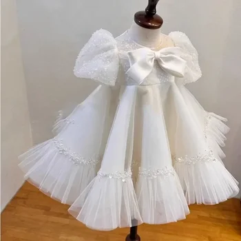 Корейское бальное платье для крещения новорожденных девочек с блестками и бантом для малышей, платья для крещения на 1-й день рождения, подходящие для бутика принцессы
