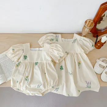 Корейское детское платье Принцессы для маленьких девочек 2023, Летний хлопковый комбинезон с короткими рукавами и вышивкой, боди, предметы детской одежды 0