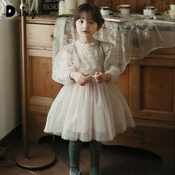 Корейское кружевное платье из тюля с рукавами-фонариками для детей, повседневная одежда с длинными рукавами для девочек, Детские костюмы