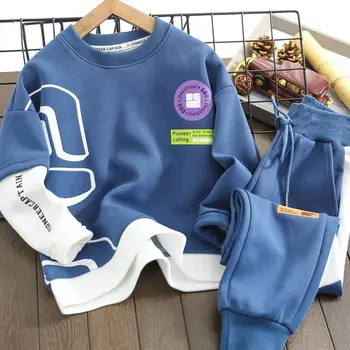 Костюм для мальчиков 2023, весенне-осенний модный детский свитер, спортивный костюм-двойка, брюки в мальчишеском стиле для детей среднего и большого размера 0