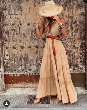 Летнее Сексуальное кружевное женское платье Макси в стиле пэчворк 2020, модное свободное платье на бретельках с V-образным вырезом