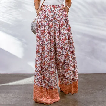 Летние женские брюки с высокой талией, свободными складками с цветочным принтом и укороченные повседневные брюки