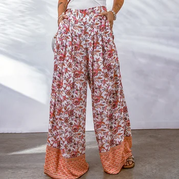Летние женские брюки с высокой талией, свободными складками с цветочным принтом и укороченные повседневные брюки 2