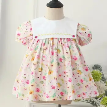 Летние платья с цветочным принтом для маленьких девочек, хлопковое детское платье с пышными рукавами в корейском стиле 0