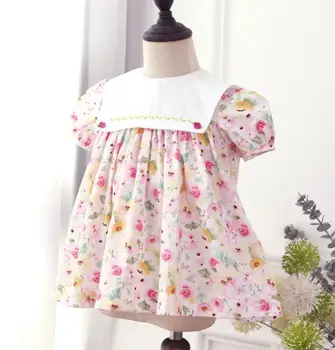 Летние платья с цветочным принтом для маленьких девочек, хлопковое детское платье с пышными рукавами в корейском стиле 1