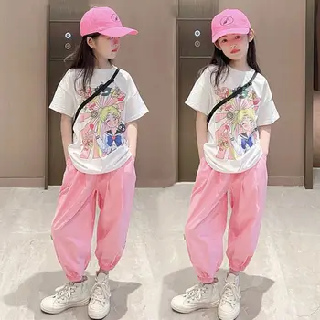 Летний костюм для девочек, новый Корейский стиль, молодежная мода для девочек-подростков, футболки с аниме-принтом + брюки, комплекты одежды из 2 предметов для девочек от 4 до 14 лет