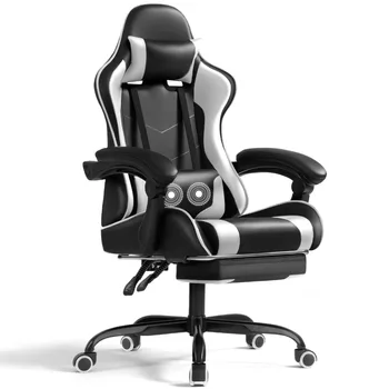 Массажное игровое кресло из искусственной кожи, эргономичное геймерское кресло, регулируемое по высоте Компьютерное кресло с подставкой для ног и поясничной поддержкой,